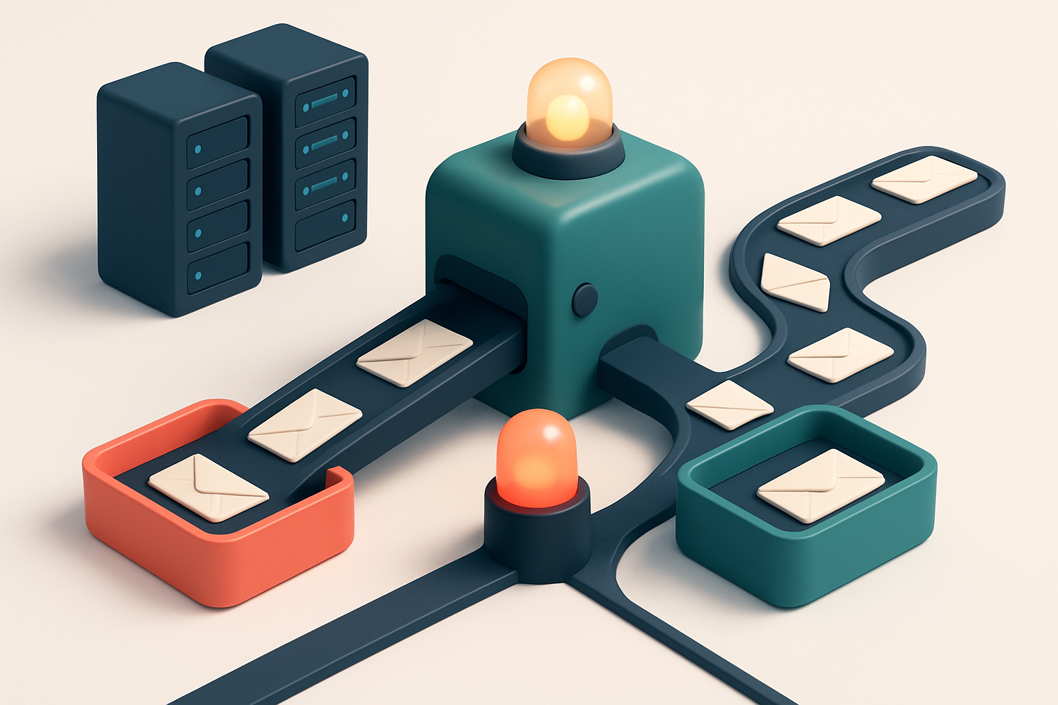 An isometric data center with conveyor belts feeding envelopes into a sorting machine; one belt leads to a red 'invalid'