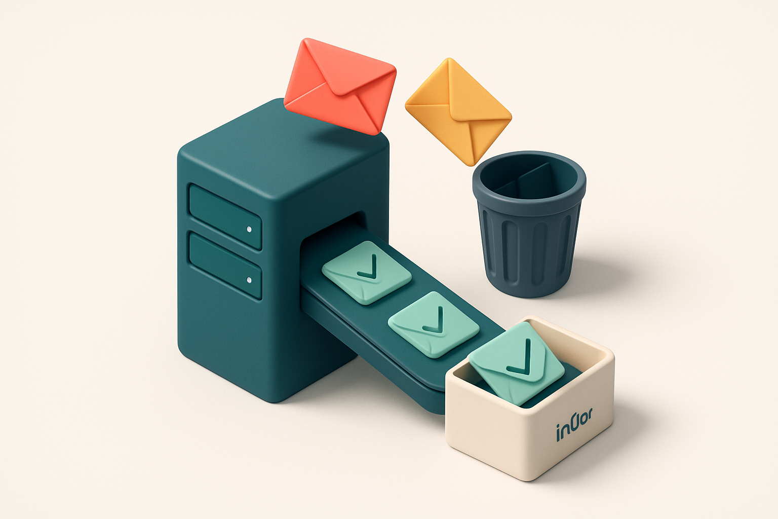 An isometric email server tower with red 'invalid' and yellow 'catch-all' envelopes flying off the top into a trash can,