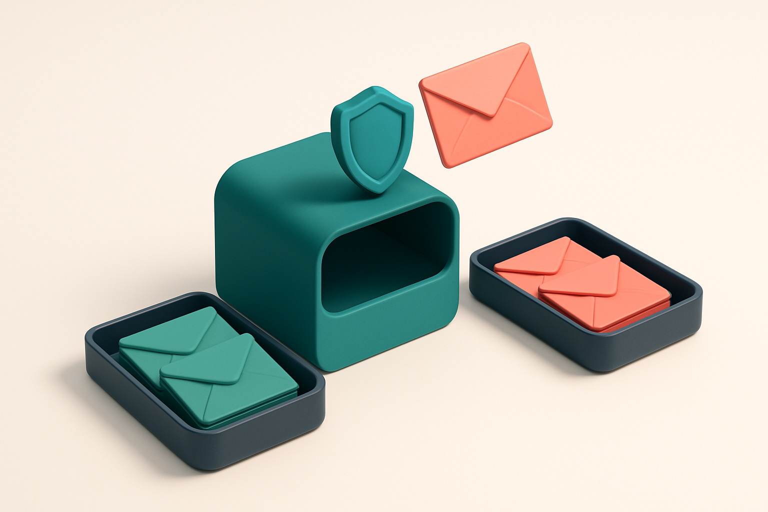 An isometric inbox with envelopes being sorted: green 'valid' envelopes on one tray, red 'invalid' ones on another, with