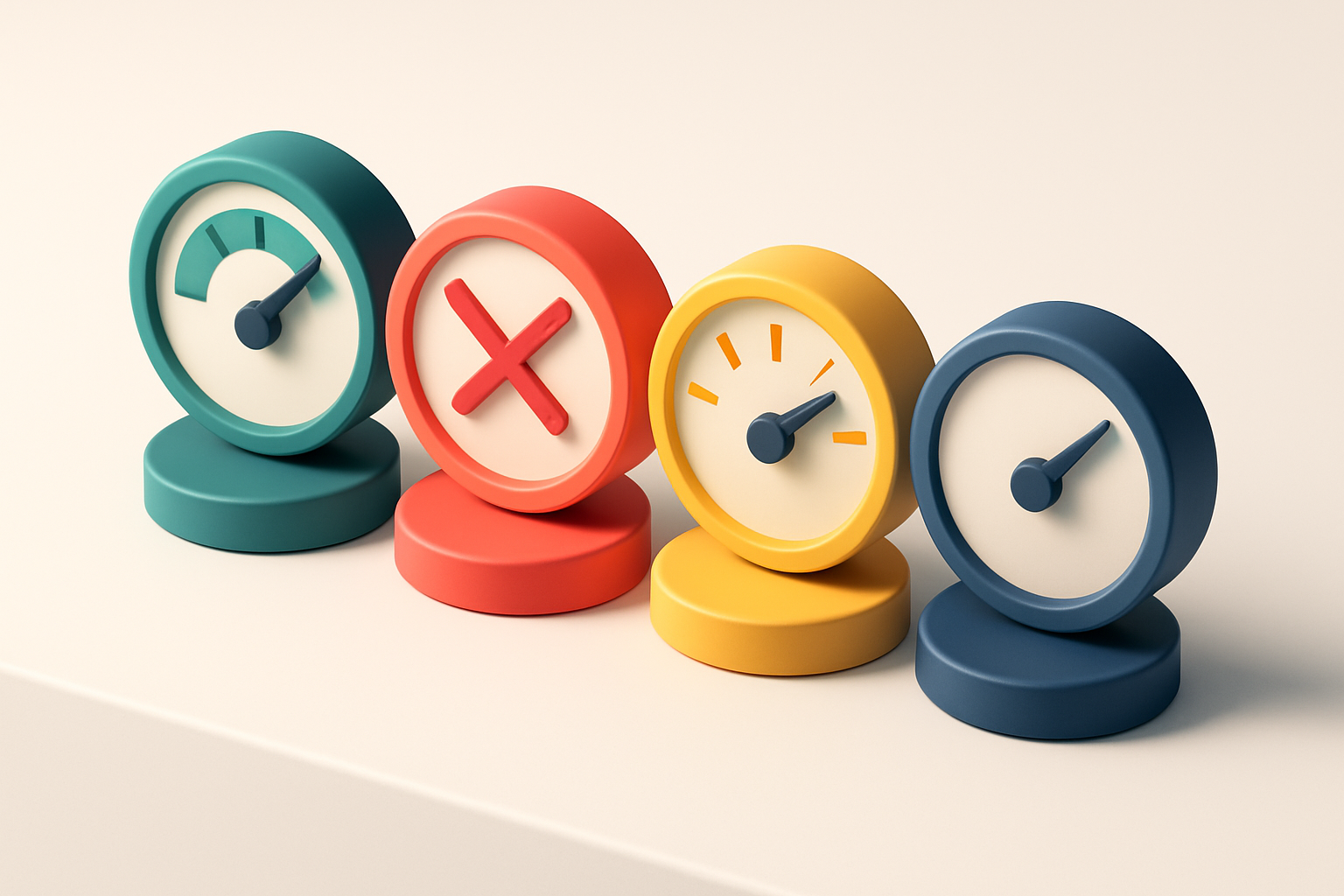 a row of four gauges, each showing a different verification status: green (valid), red (invalid), yellow (risky), and bl
