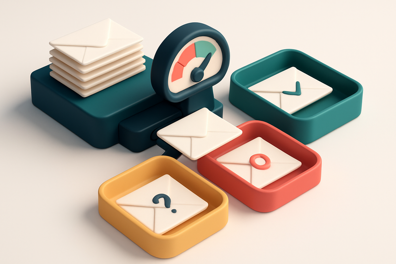 an isometric email inbox with envelopes being scanned by a digital validation gauge; valid emails go to a green 'deliver