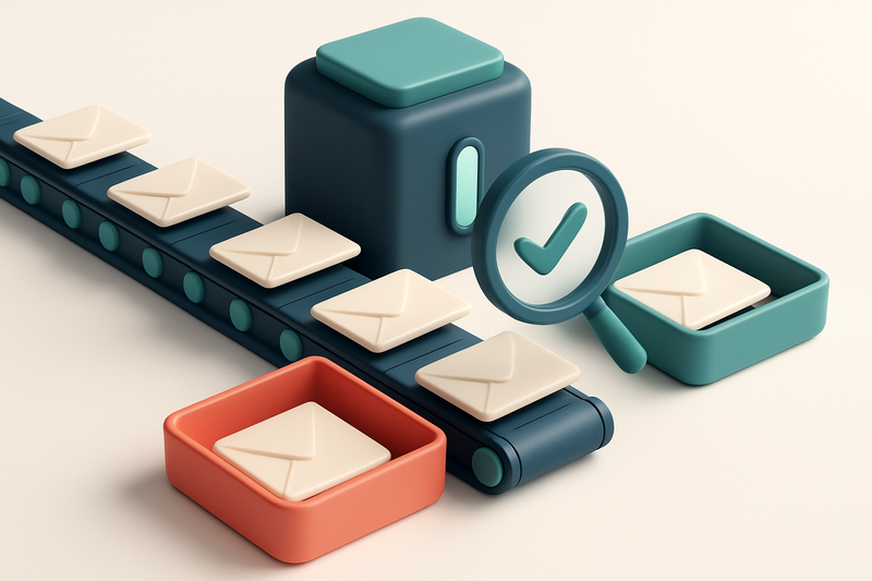 An isometric view of a university admissions office: a conveyor belt moves envelopes labeled 'Prospect 1', 'Prospect 2',