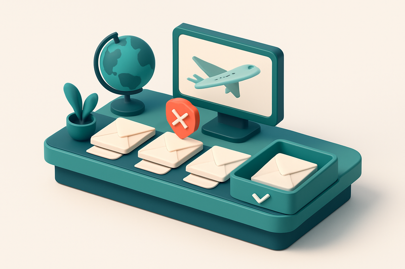 An isometric illustration of a travel agency desk with a conveyor belt feeding in paper envelopes labeled 'info@', 'sale
