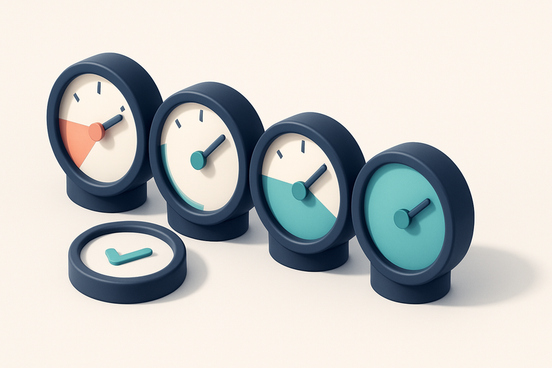 A row of four gauges with colored dials, each indicating a different verification status