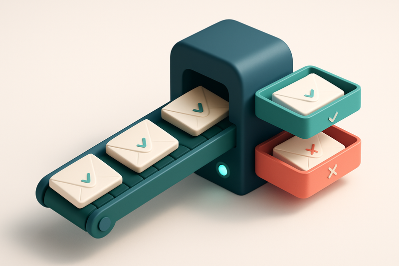 Hero: an isometric view of a digital email list flowing through a conveyor belt into a validation machine with a green '