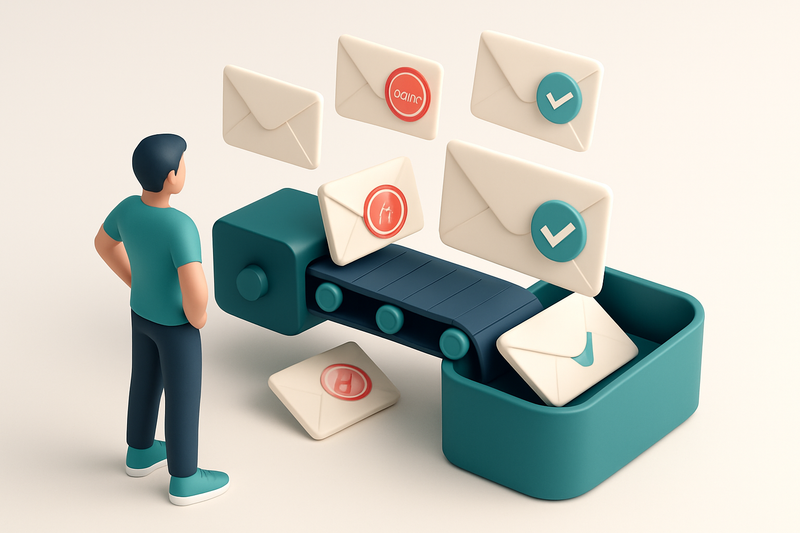 An isometric view of a fitness coach’s inbox receiving a stream of envelopes labeled with names; some envelopes are stam