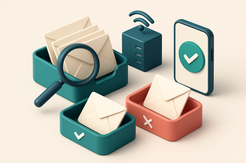 an isometric inbox with envelopes being sorted onto a green 'valid' tray and a red 'invalid' tray, a magnifying glass sc