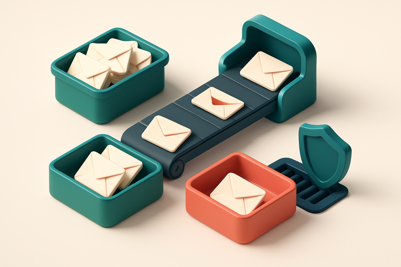 An isometric email inbox with a conveyor belt feeding envelopes from a pile labeled 'dirty list', sorting them into a gr