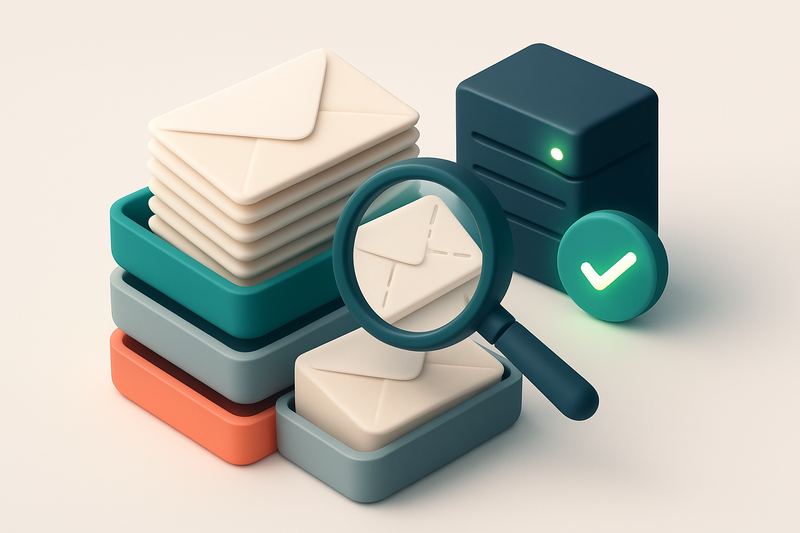 An isometric illustration of a client list represented as a stack of envelopes, with a red 'invalid' tray, a green 'vali