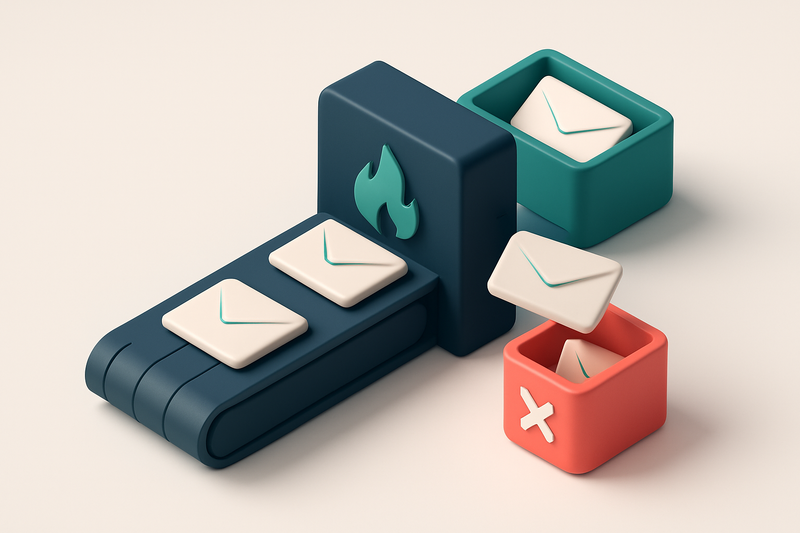 An isometric view of a digital DeFi outreach pipeline: a conveyor belt carries envelopes marked 'prospect email' toward