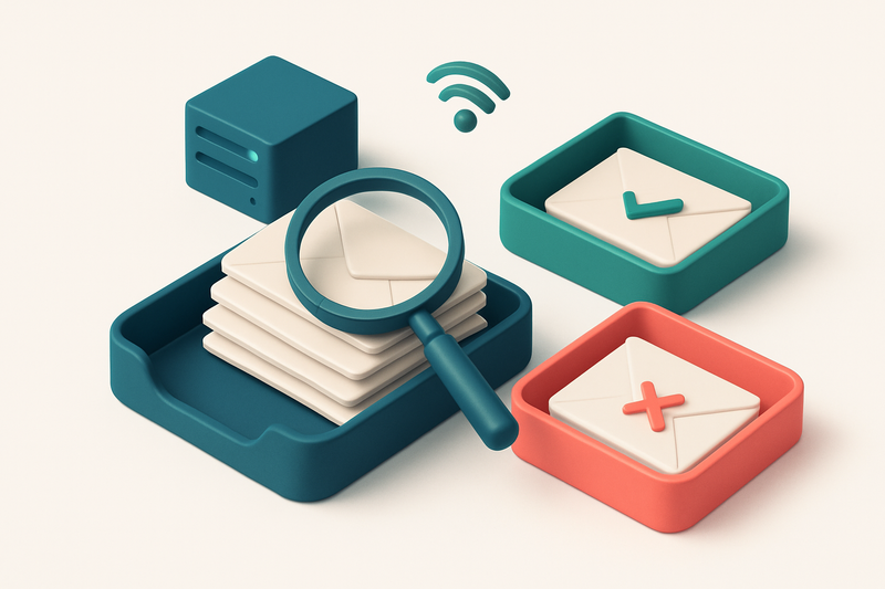 An isometric email inbox with envelopes being sorted onto a green 'valid' tray and a red 'invalid' tray, a magnifying gl