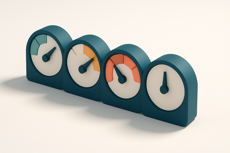 a row of four gauges with indicators showing green, yellow, red, and neutral states