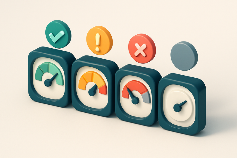 a row of four gauges showing verification status (green, yellow, red, gray)