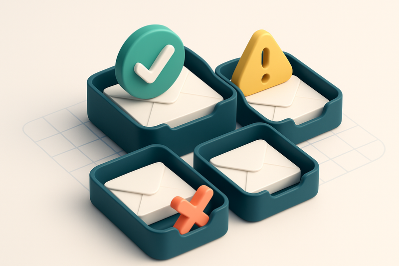 An isometric inbox with envelopes labeled 'Valid', 'Risky', 'Catch-all', and 'Invalid' being sorted into separate trays;