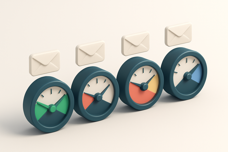 a row of four gauges showing email validation status: green (valid), red (invalid), yellow (risky), blue (catch-all)