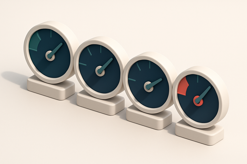 a row of four gauges with labels indicating different email status levels (valid, invalid, catch-all, risky)