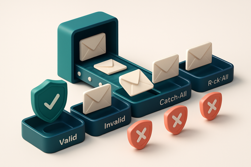 An isometric email inbox with a conveyor belt feeding envelopes labeled 'Valid', 'Invalid', 'Catch-All', and 'Risky' int
