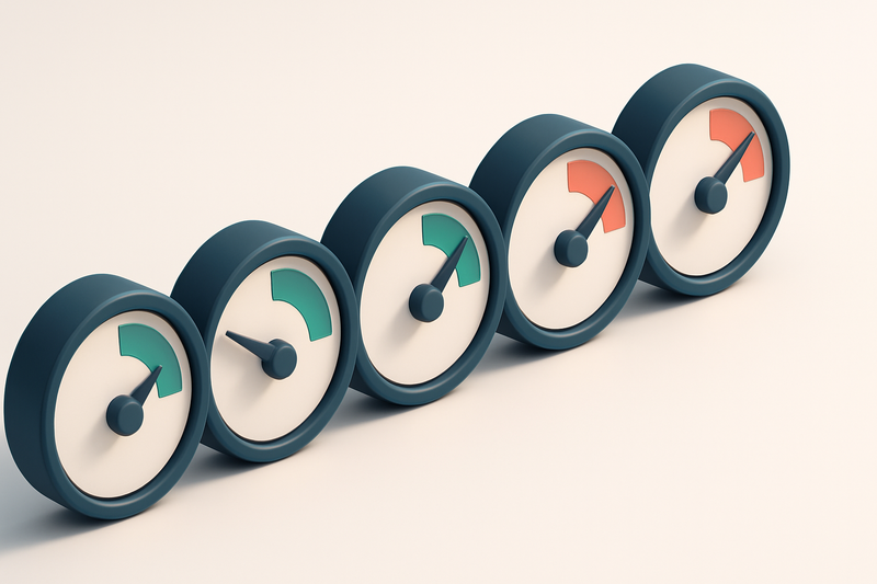 a row of five gauges with varying needle positions, each labeled with a risk level