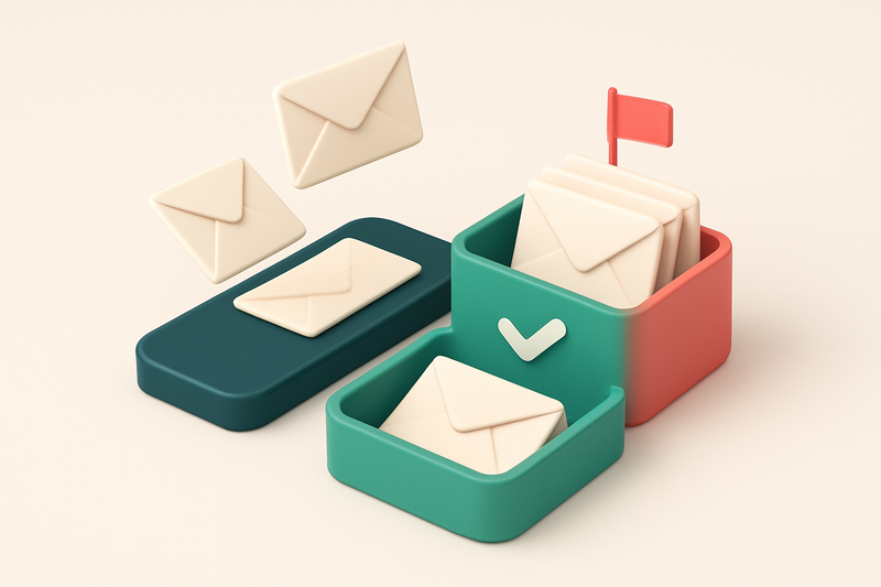An isometric email inbox with envelopes being sorted onto a green 'valid' tray and a red 'invalid' tray, one envelope la