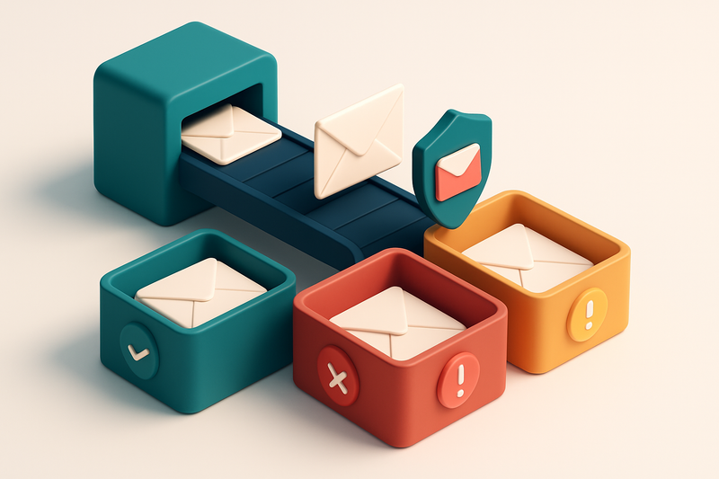 an isometric email inbox with envelopes being sorted into a green 'valid' tray, red 'invalid' tray, and yellow 'risky' t