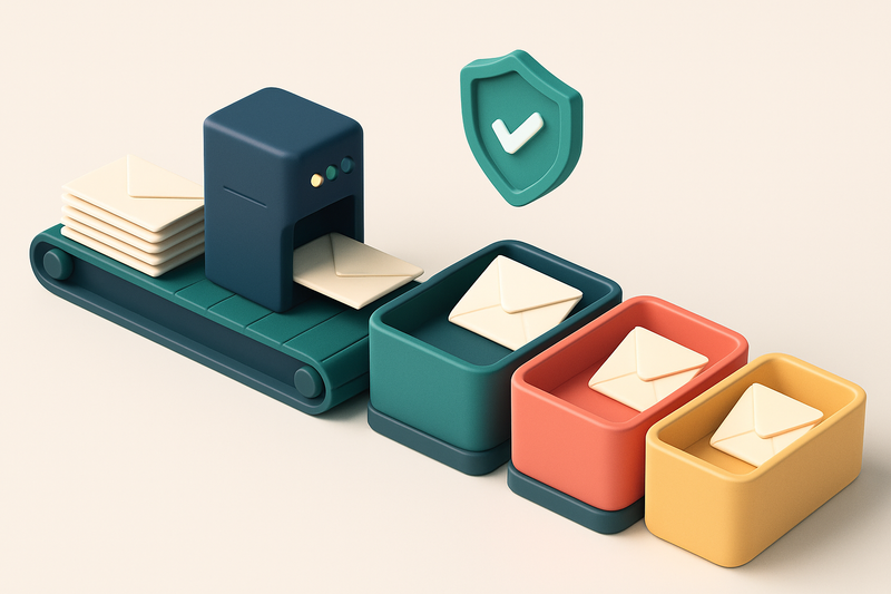An isometric illustration of a conveyor belt sorting envelopes into three labeled trays: a green 'Valid' tray, a red 'In
