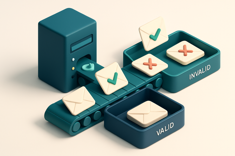 An isometric construction site with a conveyor belt carrying labeled envelopes—some with green checkmarks, others with r