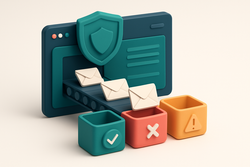An isometric illustration of a digital course dashboard with a conveyor belt carrying email envelopes into three bins: g