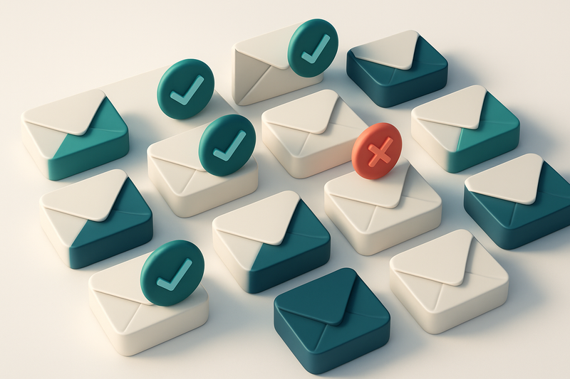 A grid of envelope icons with checkmarks on some and red Xs on others