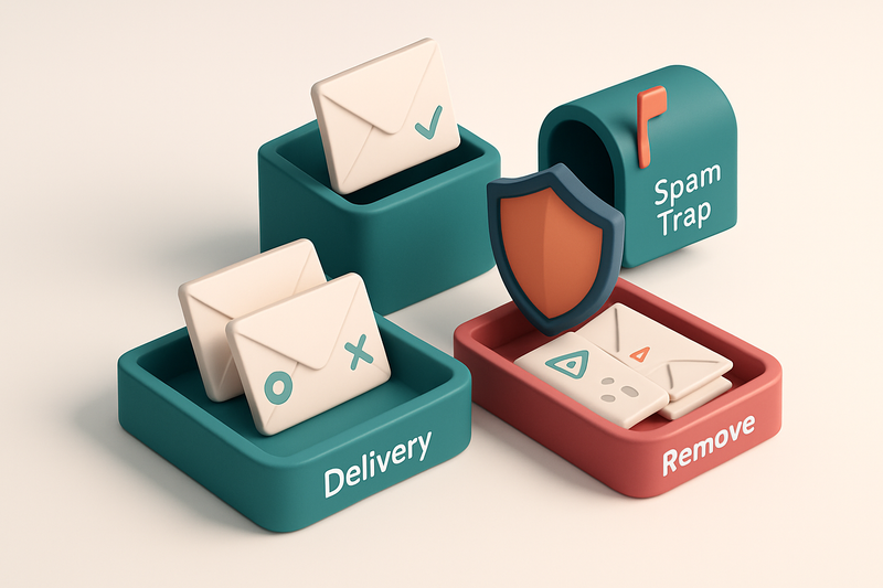 a 3D isometric illustration of an email inbox with envelopes labeled 'Valid' being sorted onto a green 'Delivery' tray,