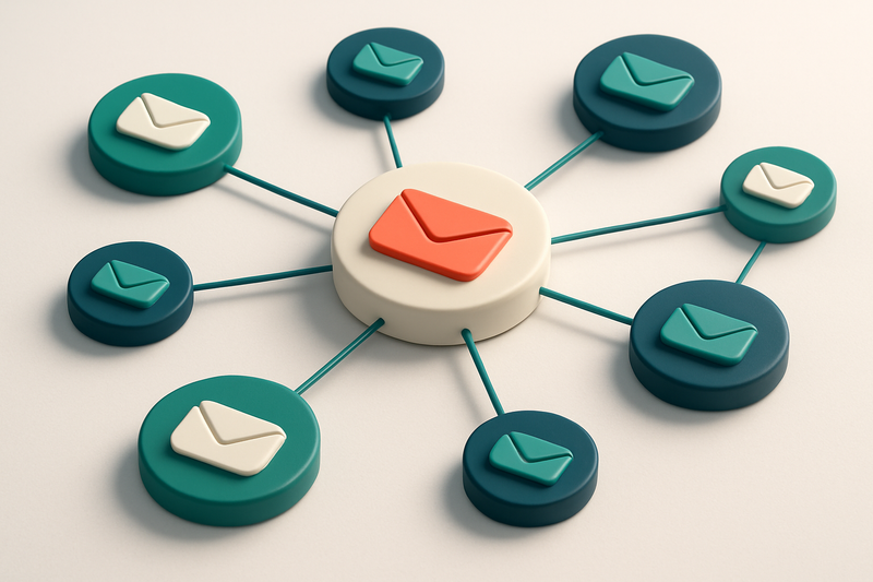 A network of small circular nodes connected by thin lines, each node showing a different email domain shape