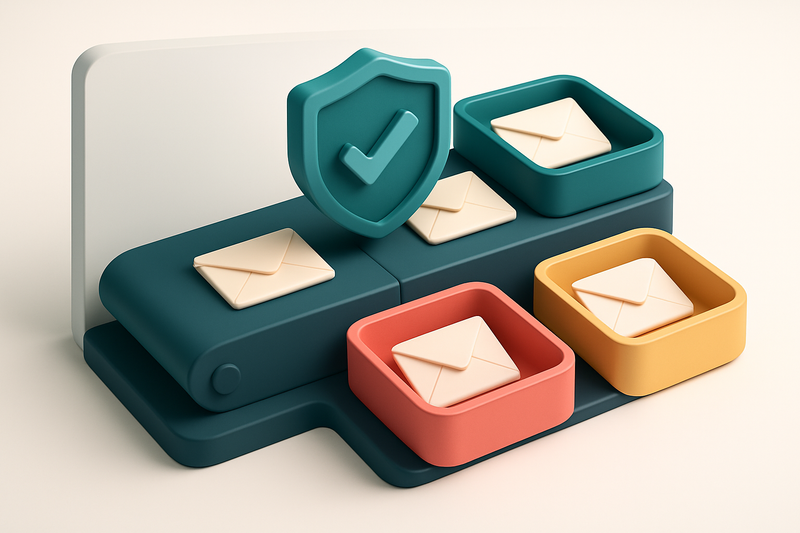 an isometric dashboard showing a digital conveyor belt with incoming email envelopes, each being scanned by a shield-sha