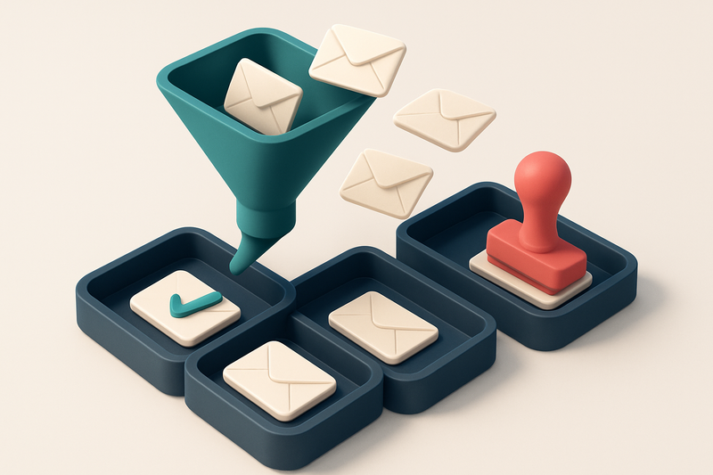 An isometric email inbox with envelopes labeled 'valid', 'catch-all', 'risky', and 'invalid' flowing through a sorting f