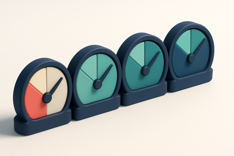 A row of four gauges with different color dials, each showing increasing validity scores