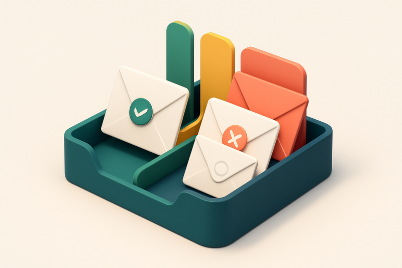An isometric view of a travel booking inbox sorted into three lanes: a green 'valid' lane with envelopes labeled 'confir