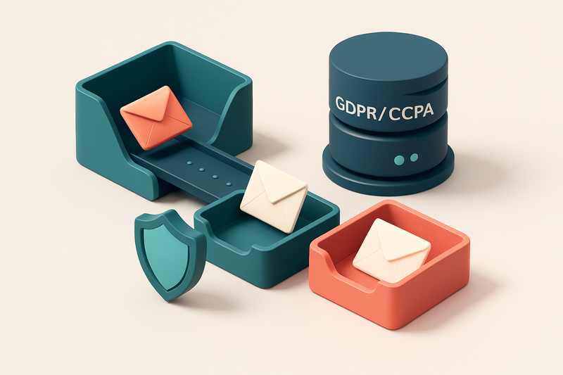 an isometric government inbox with a conveyor belt feeding emails into two trays: a green 'valid' tray and a red 'invali