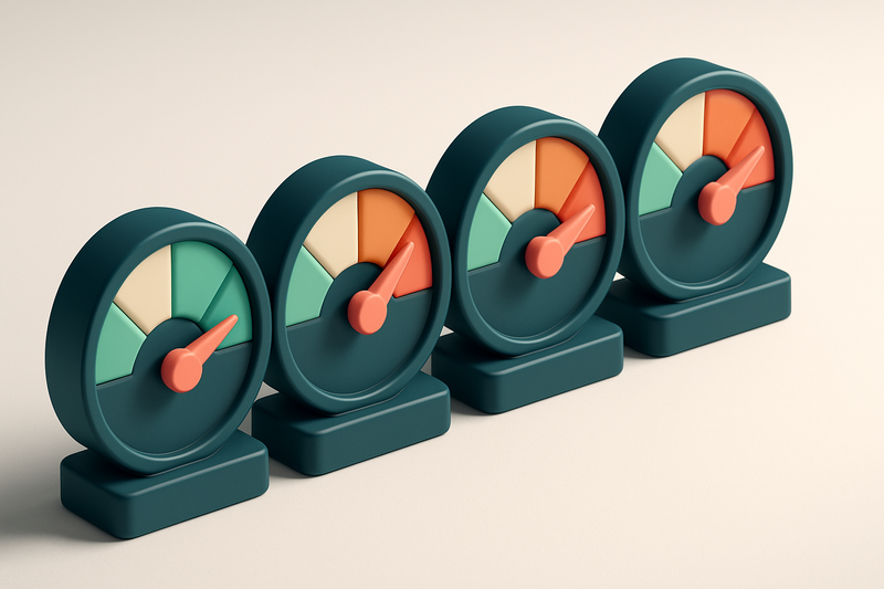 A row of four gauges with varying needle positions, each labeled by risk level