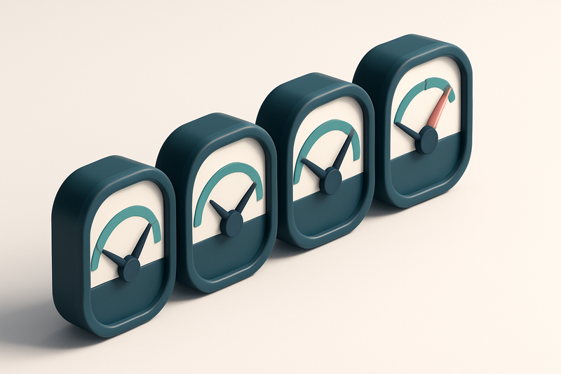 a row of four gauges with rising levels