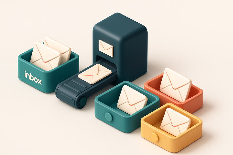 An isometric email inbox with envelopes being sorted into three trays: a green 'valid' tray, a red 'invalid' tray, and a