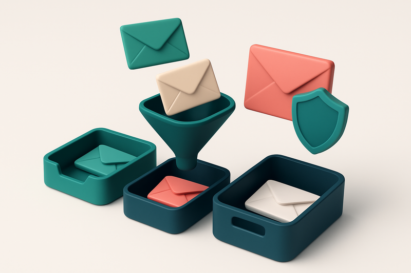 an isometric inbox with envelopes labeled 'valid', 'risky', and 'catch-all' being sorted by size—green envelopes go into