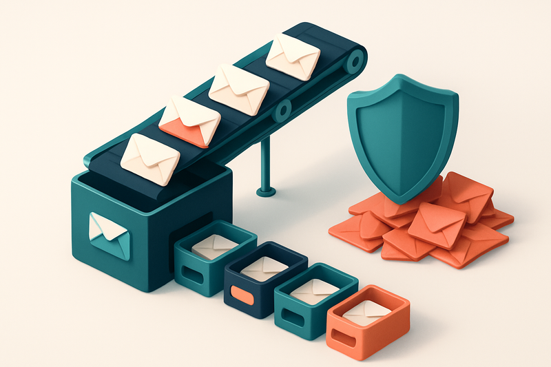 Hero: an isometric email inbox with a conveyor belt delivering envelopes labeled 'valid,' 'catch-all,' 'risky,' 'role,'