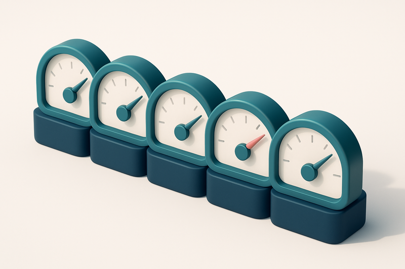 A row of five gauges, each showing a different metric: validity, deliverability, bounce rate, inbox placement, and reput