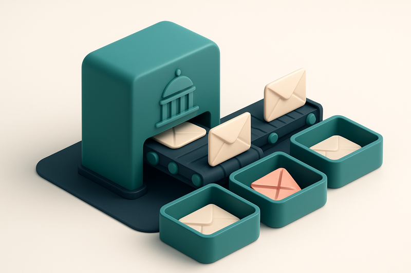 An isometric depiction of a government email server room with a conveyor belt moving envelopes labeled 'valid,' 'catch-a