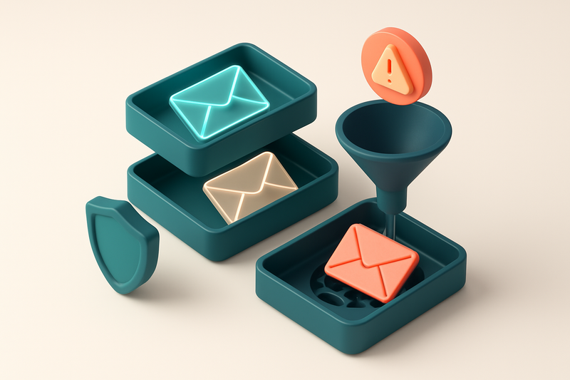 An isometric view of a blockchain-themed email inbox: glowing, metallic envelopes labeled 'Valid', 'Risky', 'Invalid' ar