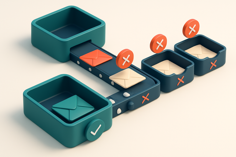 An isometric inbox view with colored envelopes labeled 'valid', 'invalid', 'catch-all', and 'risky' being sorted into se