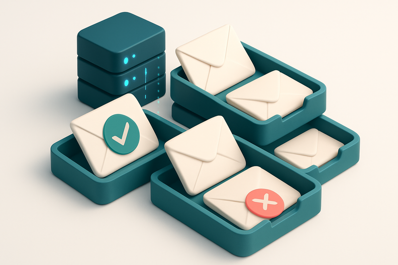 an isometric email inbox with envelopes labeled 'valid', 'catch-all', 'disposable', and 'invalid' being sorted into four
