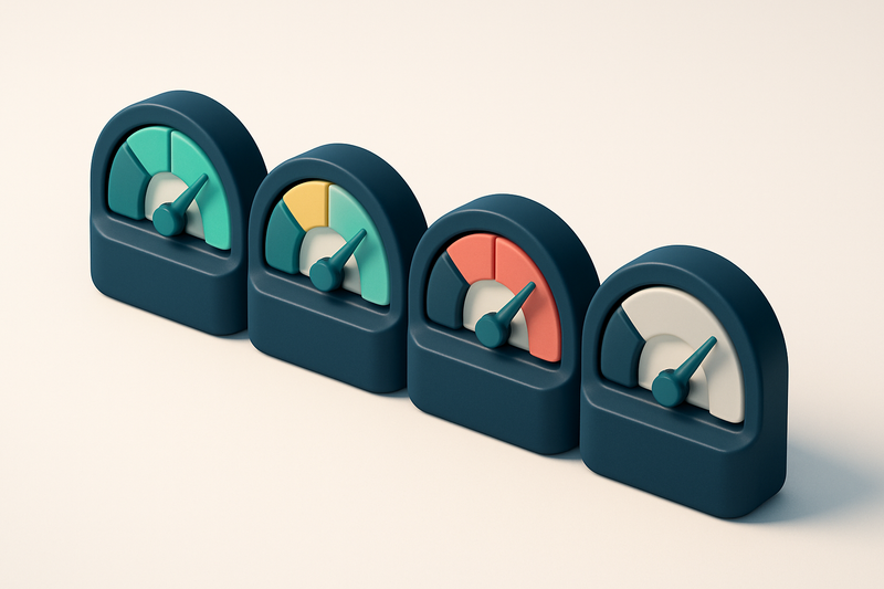 a row of four gauges showing green, yellow, red, and grey statuses