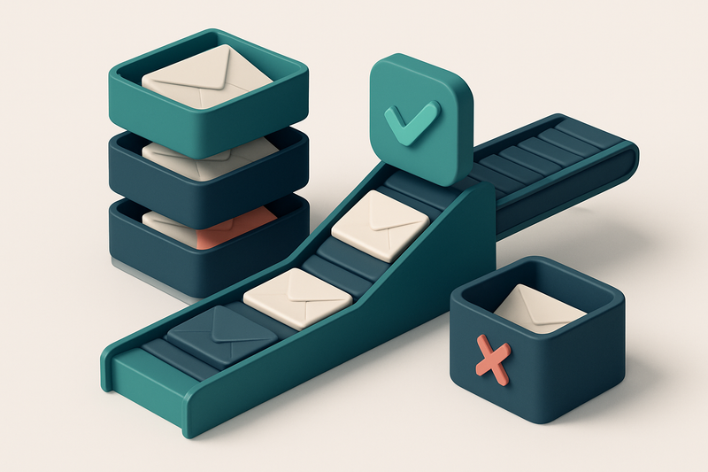 An isometric illustration of a 3D email inbox with envelopes labeled 'Valid', 'Invalid', 'Catch-all', and 'Risky' sorted