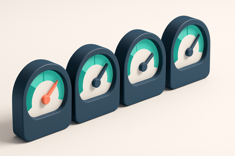 a row of four gauges, each labeled with a metric (bounces, reputation, spam rate, inbox placement)