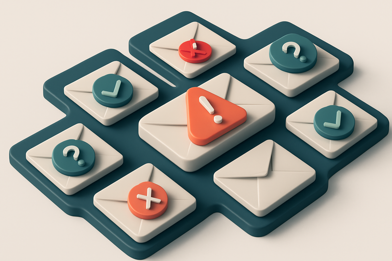 a grid of envelope icons, each with a different verdict marker (✓, X, ?, ⚠)