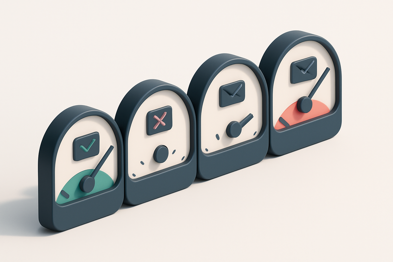 A row of four gauges, each indicating a different email state: valid, invalid, catch-all, risky.